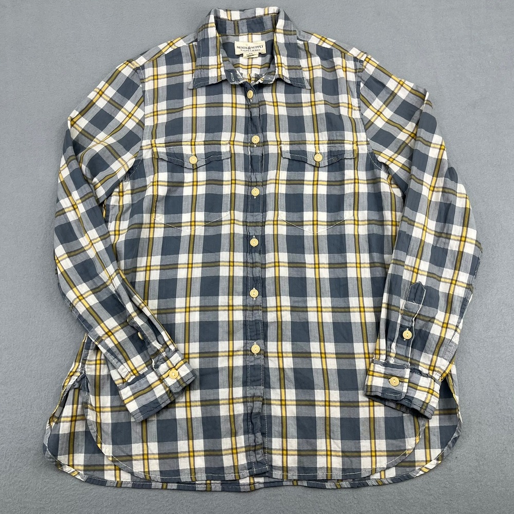 Denim & Supply Ralph Lauren Mens Plaid Button Down Shirt Blue Yellow Size Medium
